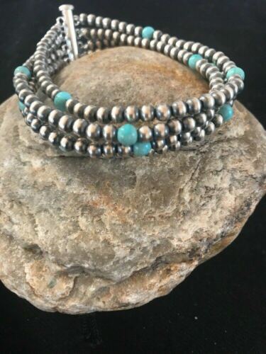 Native American Navajo Pearls Blue Turquoise Bracelet | Sterling Silver | 4-Strand