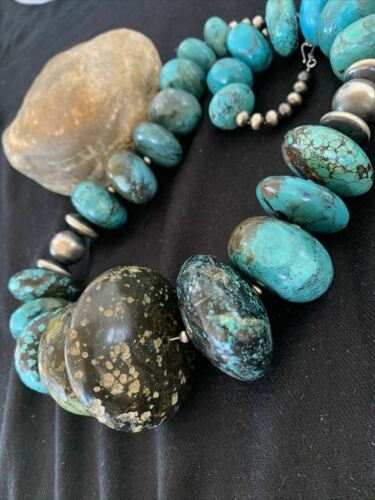 Men's Navajo Pearl Sterling Silver & Natural Blue Turquoise Graduated Necklace | Authentic Native American | 21"