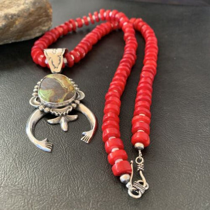 Navajo Green Gaspeite Naja Pendant with Red Coral | Sterling Silver | 23" Necklace | Authentic Native American Handmade | 11165
