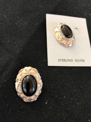 Native American Onyx Nugget Design Earrings | Sterling Silver | Southwestern Handmade | 1" | 3745