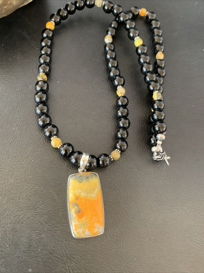Men's Navajo Pearls Onyx Bumblebee Jasper Necklace Pendant | Sterling Silver | Native American Handmade | 10326
