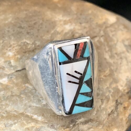 Native American Zuni Men's Spiny Blue Turquoise Inlay Ring | Sterling Silver | Sz 15 | 12424