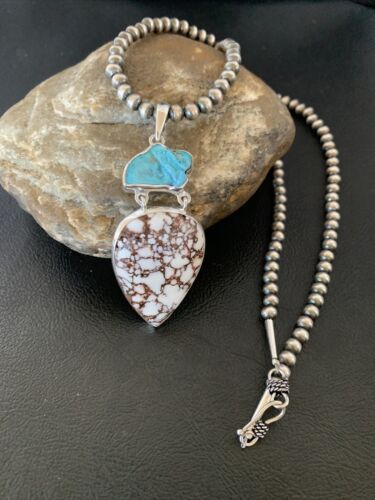 Navajo Pearl Wild Horse Kingman Turquoise Necklace Pendant | Authentic Native American Sterling Silver | Multi-Stone | 11811
