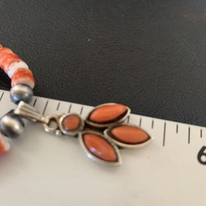 Navajo Pearl Necklace with Red Apple Coral, Spiny Oyster Pendant | Authentic Native American Sterling Silver | Multi-Stone | 12388