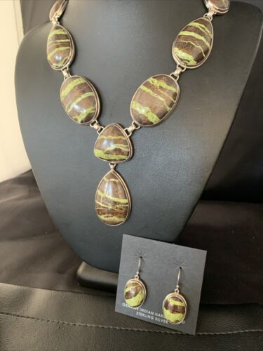 Navajo Green Gaspeite Necklace Choker Earrings Set | Sterling Silver Pendant | 19" | Authentic Native American Handmade | 13793