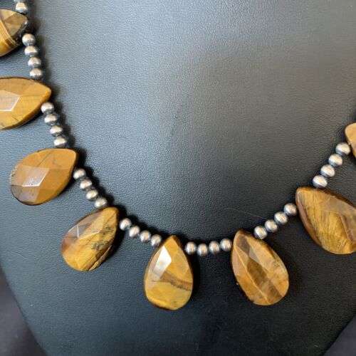 Navajo Pearl Sterling Silver Necklace | Coffee Tiger's Eye Teardrop Pendant | 21" | 11748