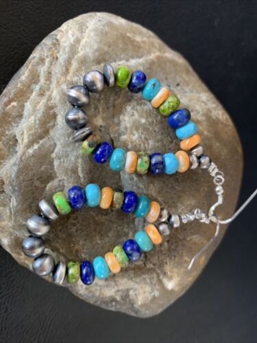 Navajo Multi-Color Lapis Spiny Turquoise Dangle Earrings | Sterling Silver | Authentic Native American Handmade | 12977