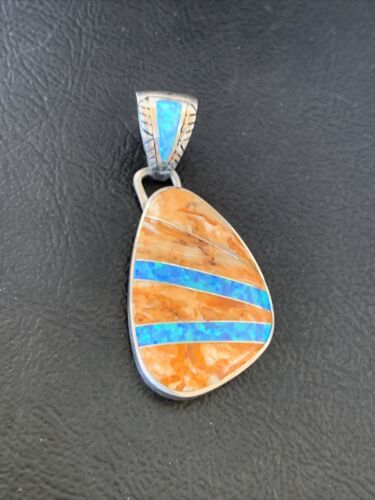 Men's Navajo Orange Spiny Oyster Blue Opal Inlay Pendant | Sterling Silver | Native American Handmade | 12487