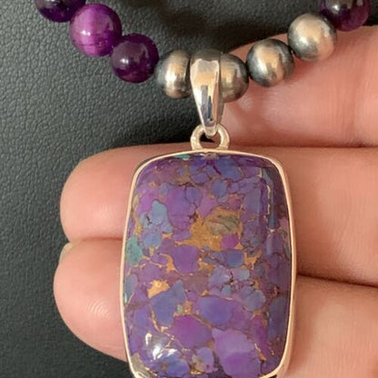 Navajo Pearl Purple Mojave Turquoise Onyx Pendant Necklace | Sterling Silver | Native American Handmade | 13402
