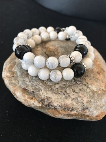 Navajo White Howlite Turquoise Onyx Bead Bracelet | Sterling Silver | Authentic Native American Handmade