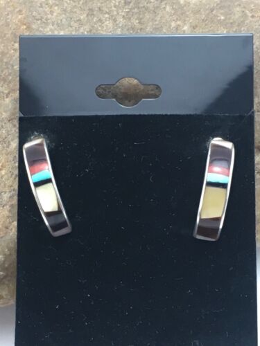 Navajo Mother of Pearl Onyx Turquoise Inlay Earrings | Sterling Silver | 0.8" | Authentic Native American Handmade | 1068