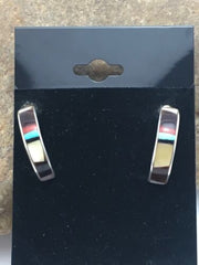 Navajo Mother of Pearl Onyx Turquoise Inlay Earrings | Sterling Silver | 0.8" | Authentic Native American Handmade | 1068