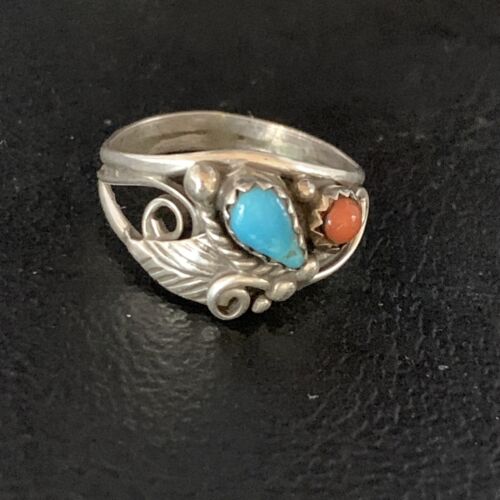 Navajo Blue Kingman Turquoise Coral Ring | Authentic Native American Sterling Silver | Multi-Stone | Sz 6.5 | 13575