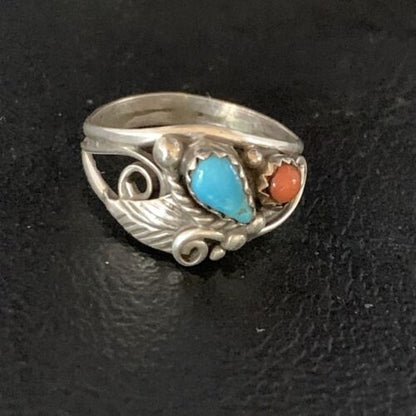 Navajo Blue Kingman Turquoise Coral Ring | Authentic Native American Sterling Silver | Multi-Stone | Sz 6.5 | 13575