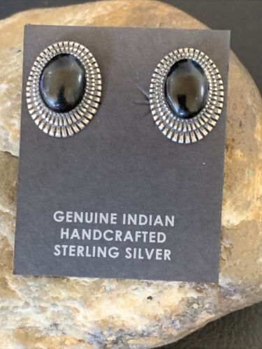 Navajo Black Onyx Stud Post Earrings | Sterling Silver | 0.5" | Authentic Native American Handmade | 12643