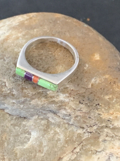 Southwestern Navajo Green Gaspeite Sugilite Red Coral Inlay Ring | Sz 7 | 02256