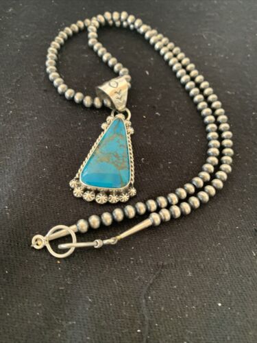 Navajo Pearls Sterling Silver Blue Spiderweb Turquoise Necklace Pendant | Men's Southwestern | 00861
