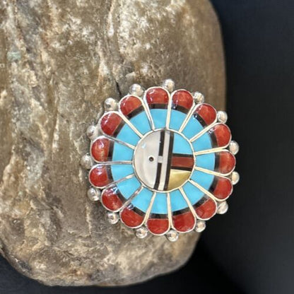Zuni Sun Face Inlay Ring | Sterling Silver Coral Turquoise Onyx Mother of Pearl | Sz 6.5 | 14452 - Masha USA