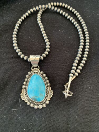 Men's Navajo Pearls Necklace | Sterling Silver Blue Kingman Turquoise Pendant | Native American Handmade | 793