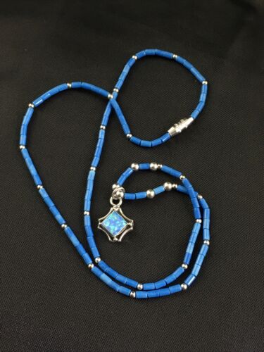 Children's Lapis Heishi Bead Necklace with Opal Pendant | Sterling Silver | 17" | 10126 - Masha USA