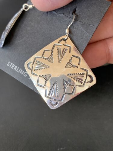 Native American Women's Dangle Earrings | Navajo Sterling Silver Stamped Handmade | 1660