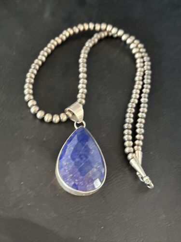 Men's Navajo Pearls Necklace with Faceted Lapis Pendant | Sterling Silver | Authentic Native American Handmade | 14469
