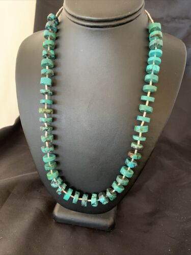 Native Navajo Turquoise Heishi Sterling Silver Tube Bead Necklace 11771