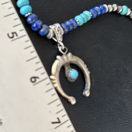 Navajo Blue Turquoise Lapis Necklace Pendant | Authentic Native American Sterling Silver | Naja | 14638