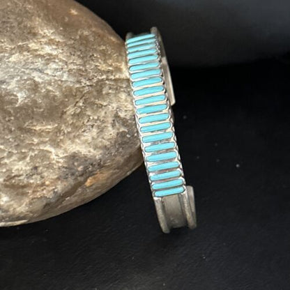 Zuni Blue Turquoise Inlay Cuff Bracelet | Sterling Silver | Authentic Native American Handmade | 14588