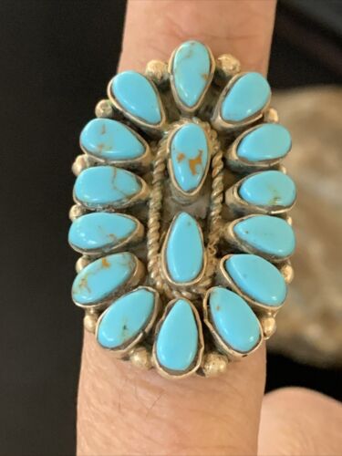 Navajo Blue Cluster Turquoise Needlepoint Ring | Authentic Native American Sterling Silver | Multi-Stone | Sz 8 | 11942