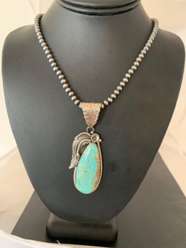 Men's Turquoise #8 Pendant | Navajo Pearls Sterling Silver Necklace | Authentic Native American Handmade | 4312