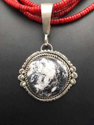 Navajo White Buffalo Turquoise Pendant with Coral | 4-Strand Silver Necklace | Authentic Native American Handmade | 3848