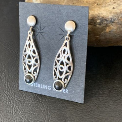 Navajo Black Onyx Drop Earrings | Sterling Silver | 1.25" | Authentic Native American Handmade | 12650