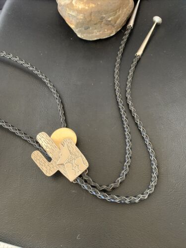 Navajo Howling Coyote Moon Bolo Tie | Sterling Silver | Authentic Native American Handmade | 12147