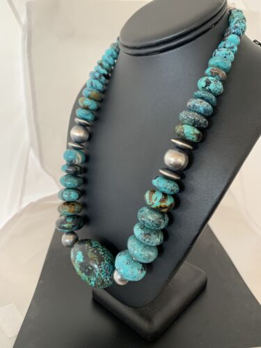 Navajo Pearl Graduated Sterling Silver Natural Blue Turquoise Necklace | Authentic Native American | 22" | 00706