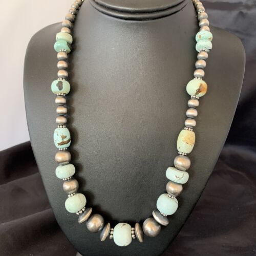 Navajo Pearl Dry Creek Turquoise Beads Necklace | Sterling Silver | 21" | Authentic Native American Handmade | 10978