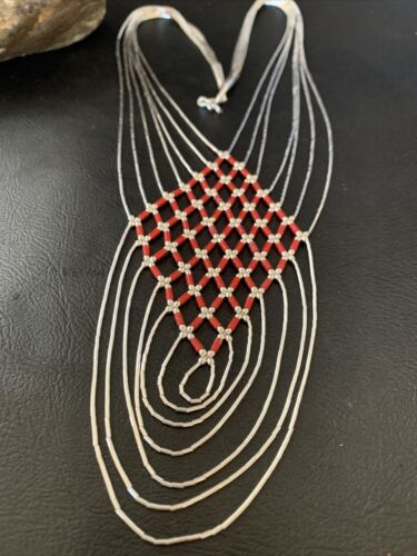 Red Coral 7 Strand Liquid Silver Heishi Necklace | Sterling Tubes | 18" | Authentic Native American Handmade | 12625