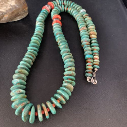 Navajo Green Turquoise & Spiny Oyster Necklace | Sterling Silver | Authentic Native American | 26" | 13908