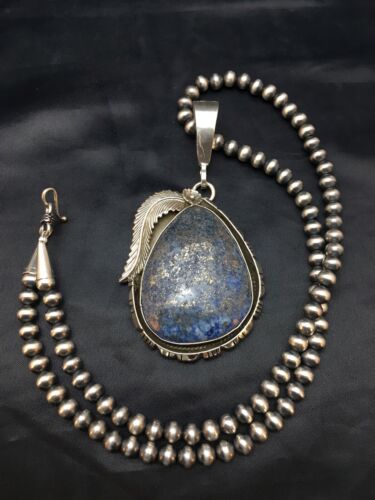 Men's Lapis Pendant | Sterling Silver Navajo Pearls Necklace | Authentic Native American Handmade | 1752