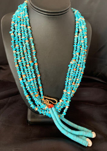 Native American Santo Domingo Spiny Blue Turquoise Shell Jacla Necklace | 36" | 13190