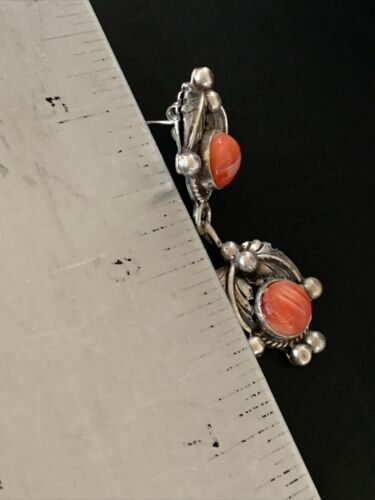 Native American Handmade Navajo Red Spiny Oyster Dangle Earrings | Sterling Silver | 2064
