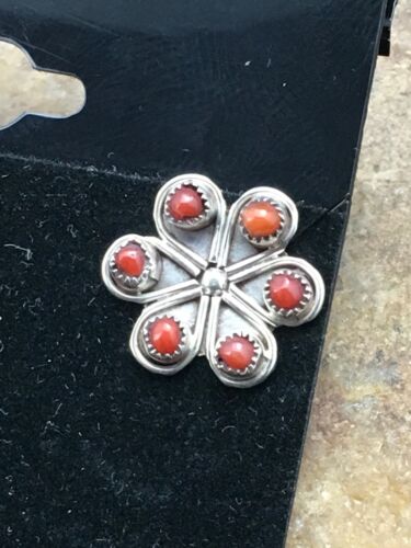 Native American Zuni Cluster Necklace and Coral Earrings Set | Sterling Silver | 0.6" | 1074