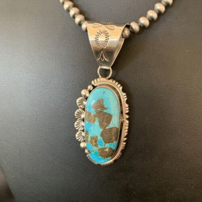 Navajo Pearls Necklace with Blue Kingman Turquoise Pendant | Sterling Silver | Authentic Native American Handmade | 10766