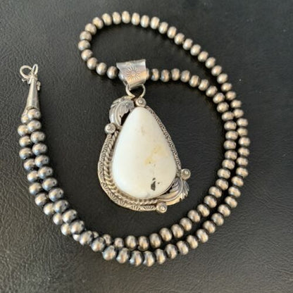 Men's Women's White Buffalo Turquoise Necklace Pendant | Sterling Silver | Authentic Native American Handmade | 14196