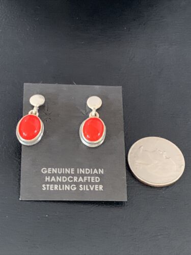 Native American Navajo Red Coral Dangle Earrings | Sterling Silver | 1" | 13114 - Masha USA