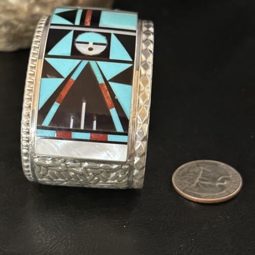 Zuni Sun Face Cuff Bracelet | Blue Turquoise & Coral Inlay | Sterling Silver | 14587