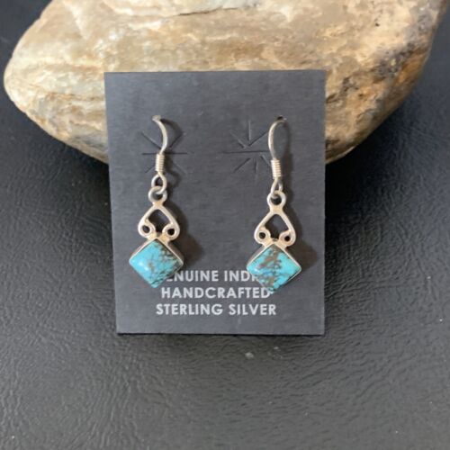 Navajo Blue Turquoise Dangle Earrings | Sterling Silver | 0.5" | Authentic Native American Handmade | 12748