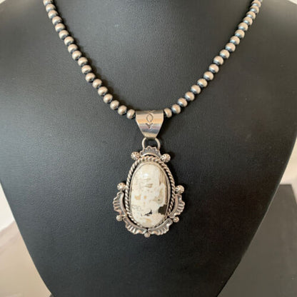 Navajo White Turquoise Buffalo Pendant Necklace | Sterling Silver | Authentic Native American Handmade | 1369