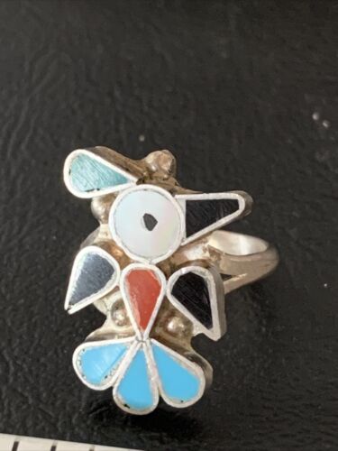 Zuni Peyote Bird Ring | Sterling Silver Coral Turquoise Onyx Mother of Pearl Inlay | Sz 5.5 | 10789