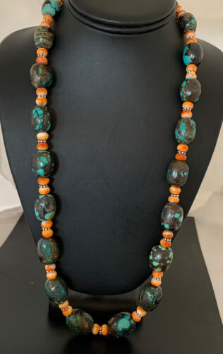 Navajo Green Turquoise & Orange Spiny Oyster Necklace | Sterling Silver | 25" | Authentic Native American Handmade | 1849